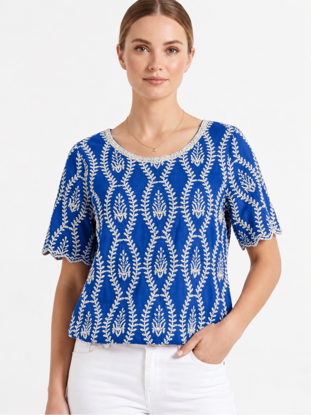 Solitaire Embroidered Boho Blouse – Blue & Ivory – Women’s Medium